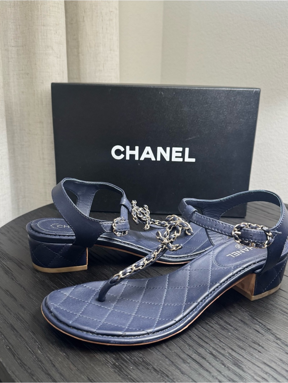 Chanel CC Chain Strap Thong Sandals Leather Navy Blue 37.5 - Picture 2 of 9
